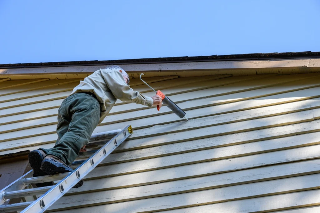 homeowner stands on ladder with caulking gun to seal home siding diy