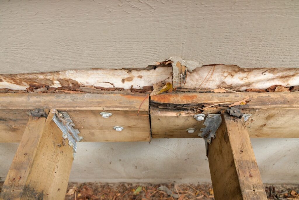 Deck Ledger Board Incorrectly Installed over Wood Siding has led to Extensive Dry Rot and Damage to House Rim Board