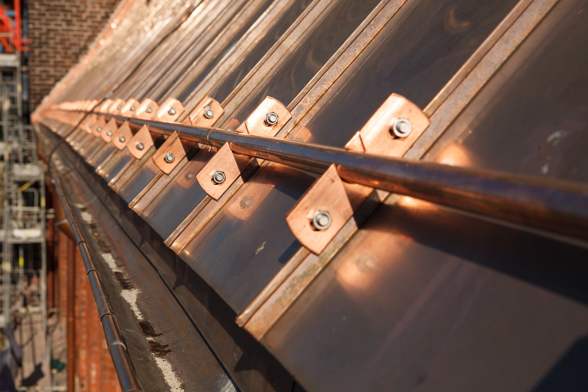 Close up view of copper metal roofing