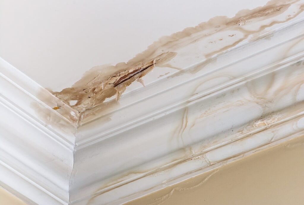 Peeling paint on an interior ceiling a result of water damage from roof leak