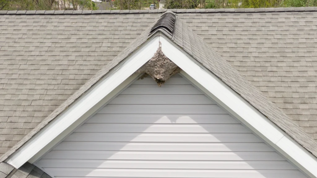 bee hive in the roof ridge on the underside of the roof soffits