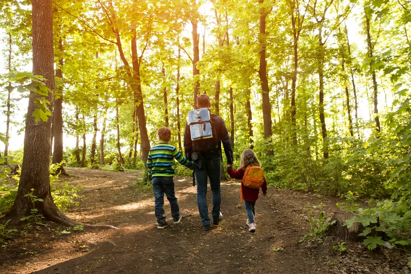 A family hiking through the woods together in Minneapolis